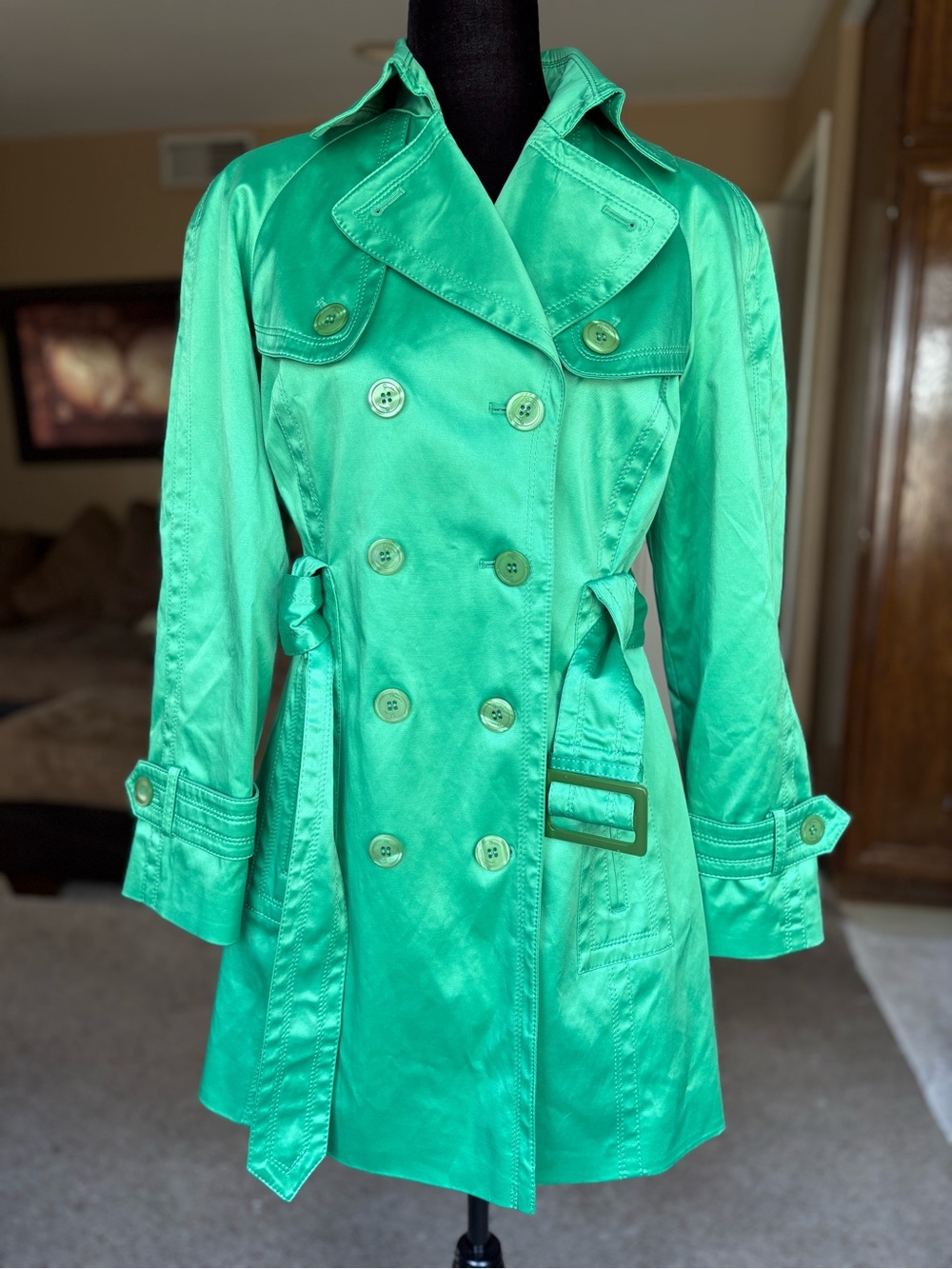 Jessica Simpson Green Satin Double-Breasted Trench Coat with Belt - Picture 2 of 15